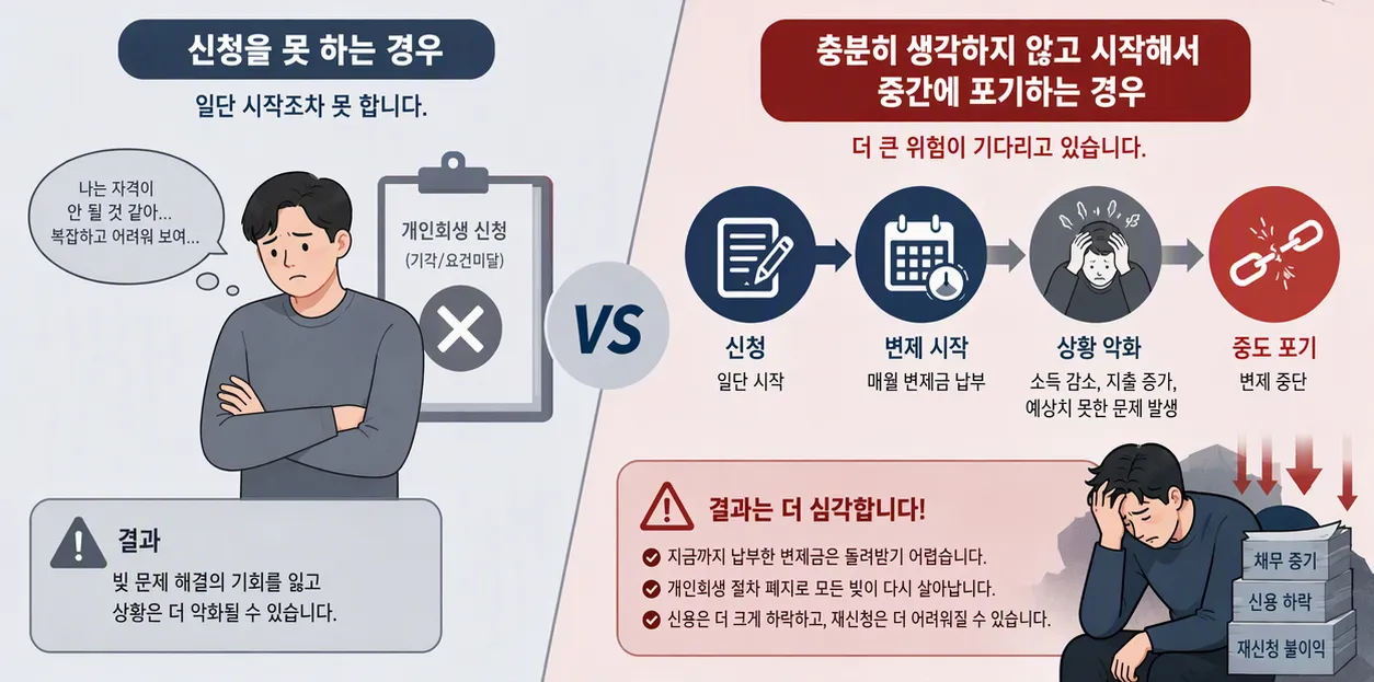 개인회생에서 가장 무서운 것은 신청을 못 하는 것이 아니라, 충분히 생각하지 않고 시작해서 중간에 포기하게 되는 것입니다.