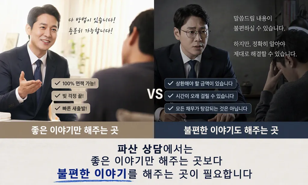개인파산 상담에서는 좋은 이야기만 해주는 곳보다 불편한 이야기를 해주는 곳이 필요합니다